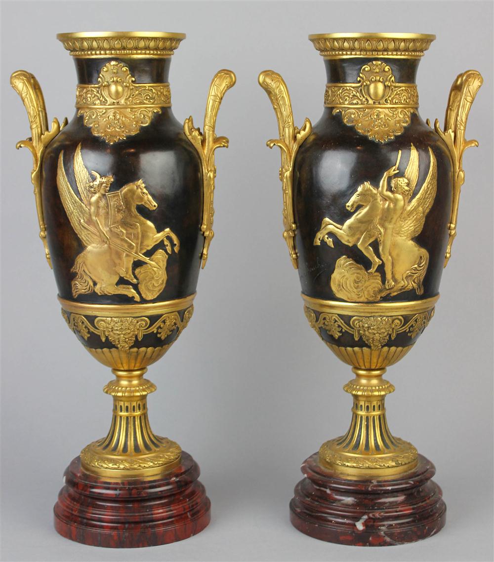 Appraisal: PAIR OF PATINATED AND GILT BRONZE VASES signed Leon Boucher