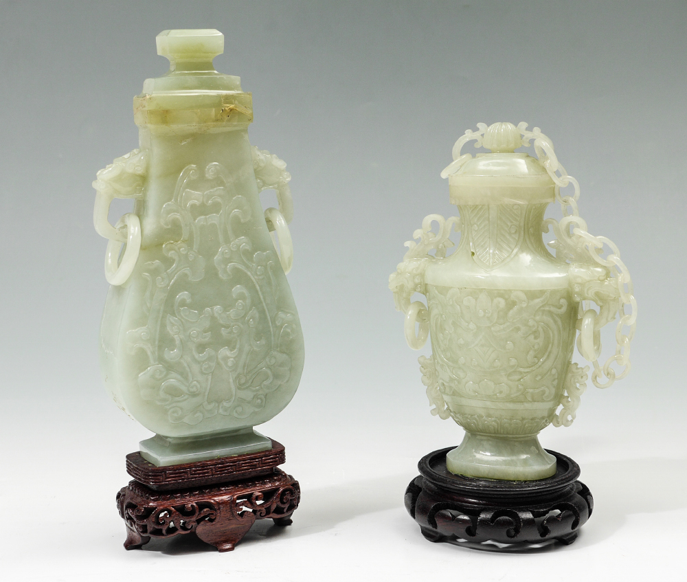 Appraisal: CHINESE CARVED JADE COVERED VESSELS pieces carved jade or similar