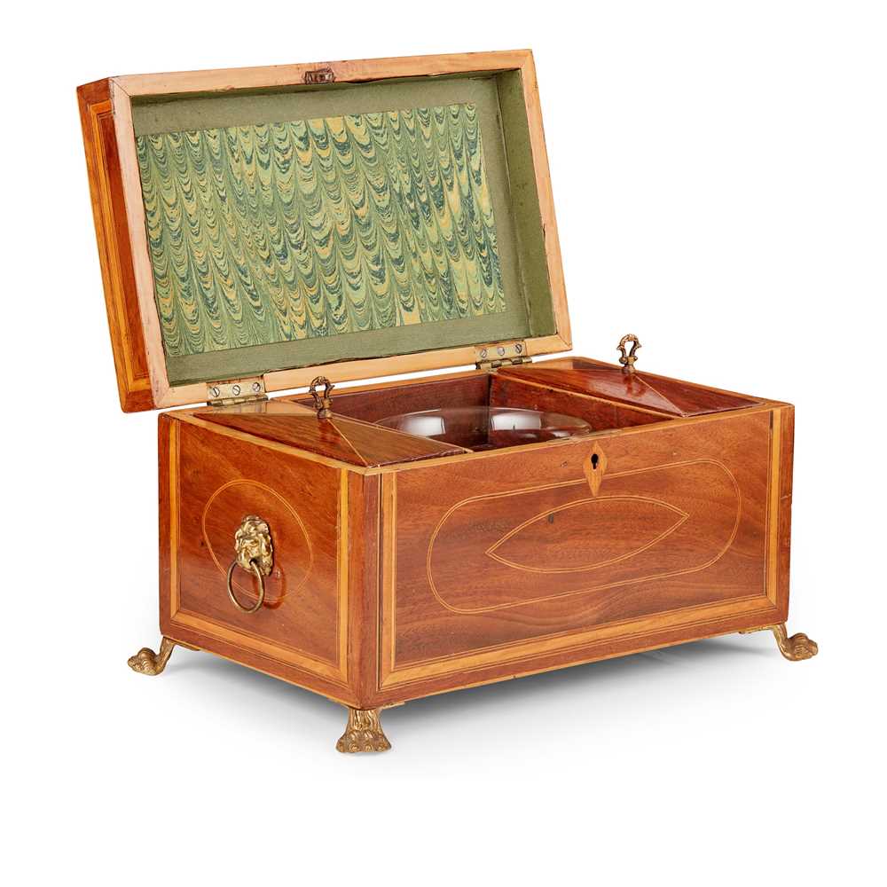 Appraisal: LATE GEORGE III MAHOGANY AND BOXWOOD TEA CADDY LATE TH