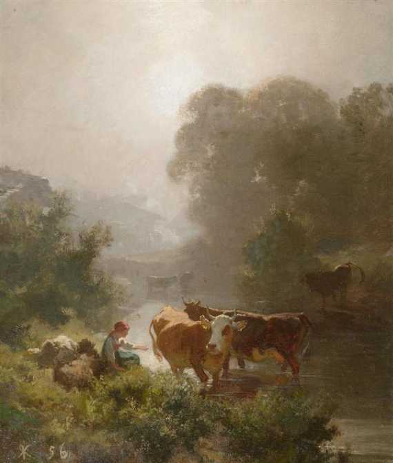 Appraisal: KOLLER RUDOLF Zurich Landscape with cows and a maidservant at