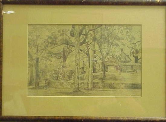 Appraisal: Graphite on paper landscape with figure trees and house behind