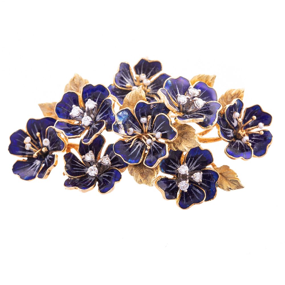 Appraisal: A Blue Enamel Diamond Flower Brooch in K K yellow