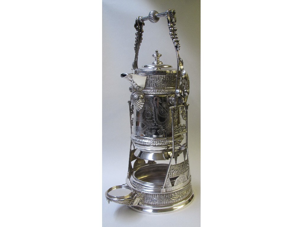 Appraisal: A Canadian Aesthetic movement electroplated wine jug on stand decorated