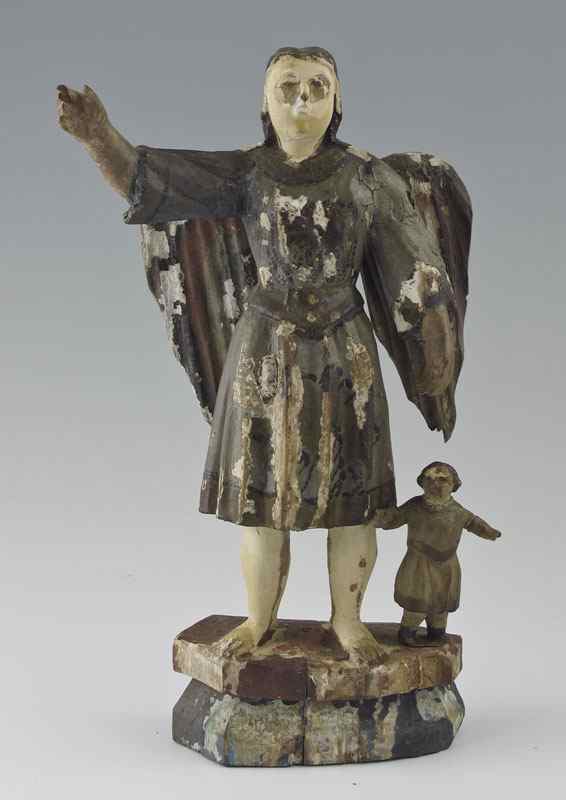 Appraisal: EARLY CARVED SANTOS With wings and child Polychrome with paint