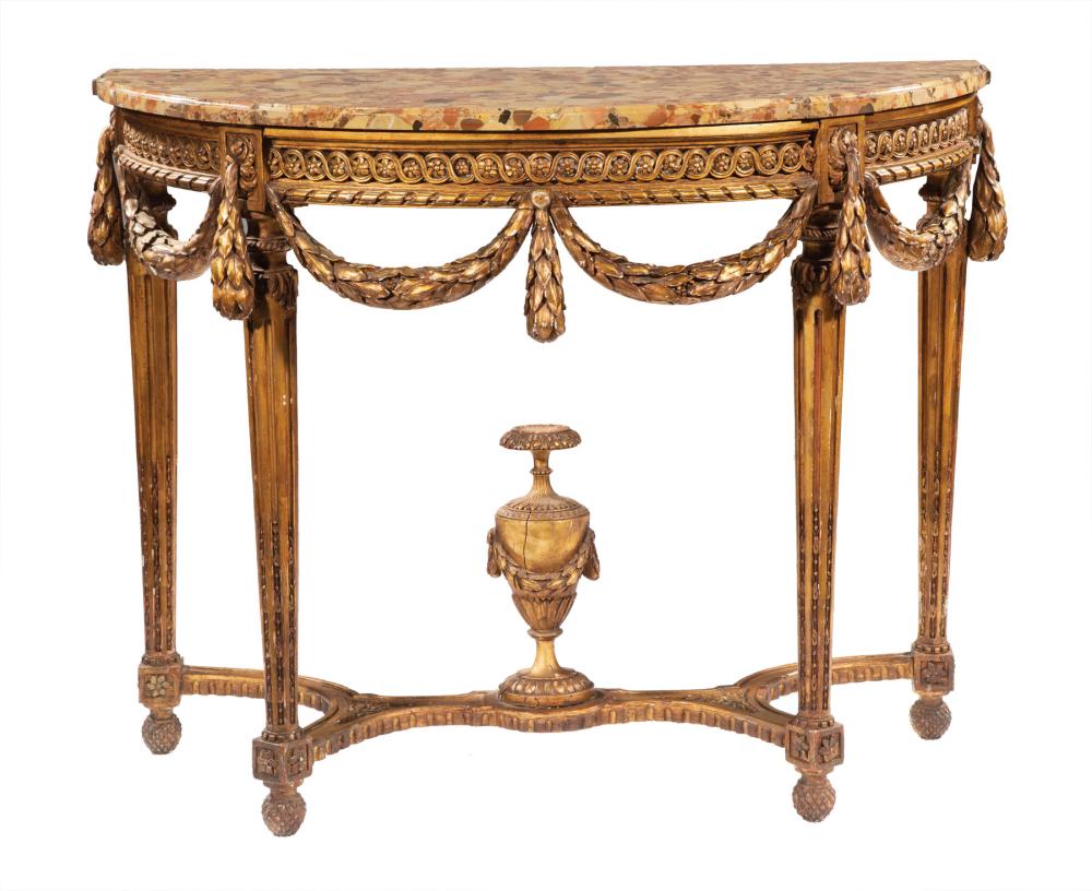 Appraisal: Antique Louis XVI-Style Giltwood Demilune Console Table blocked Breche d'Alep