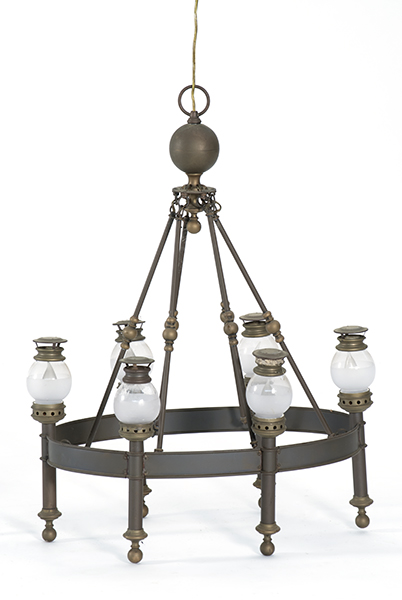 Appraisal: TH CENTURY HANGING BRASS LIGHTING DEVICE with six clear globe