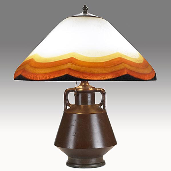 Appraisal: HANDELTable lamp with reverse-painted geometric shadeShade stamped HANDEL Lamps Pat