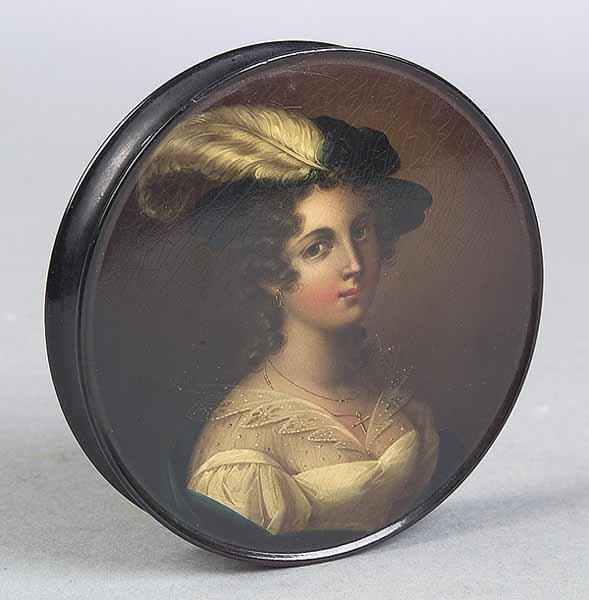 Appraisal: An Antique Continental Papier-Mach Circular Snuff Box mid- th c