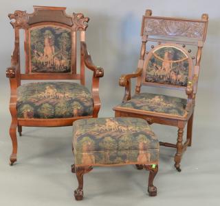 Appraisal: Three piece lot including two Victorian upholstered armchairs with carved