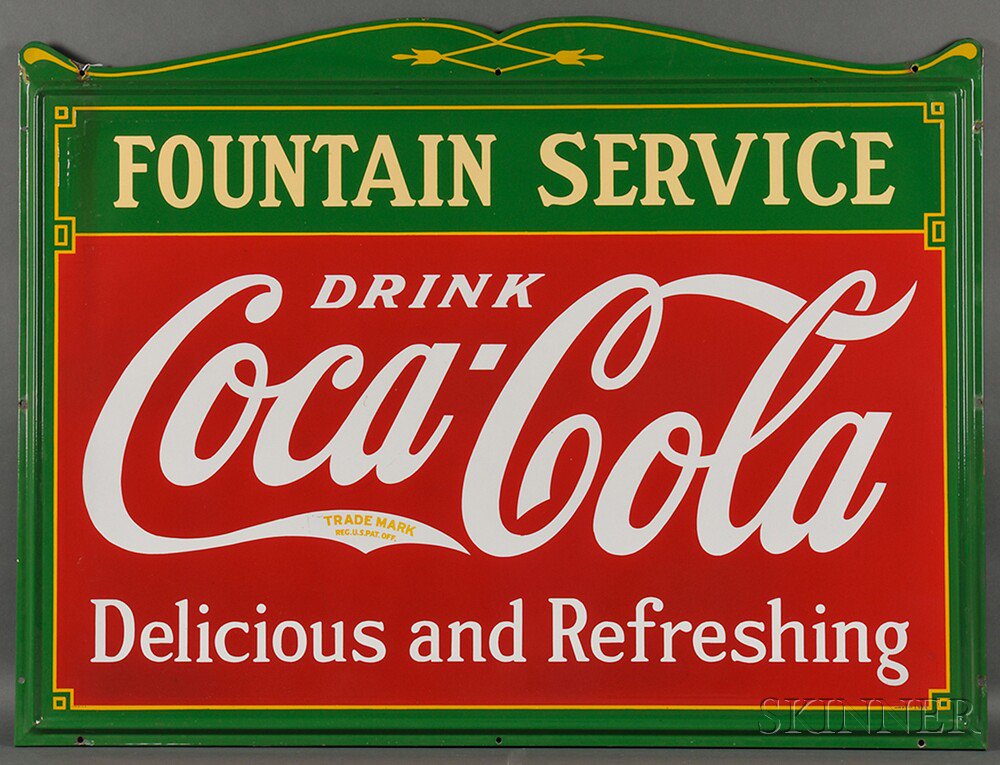 Appraisal: Large Enamel-decorated FOUNTAIN SERVICE Coca-Cola Advertising Sign America the rectangular