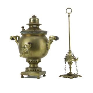 Appraisal: Antique Brass Samovar and Three Light Oil Lamp Unsigned Wear