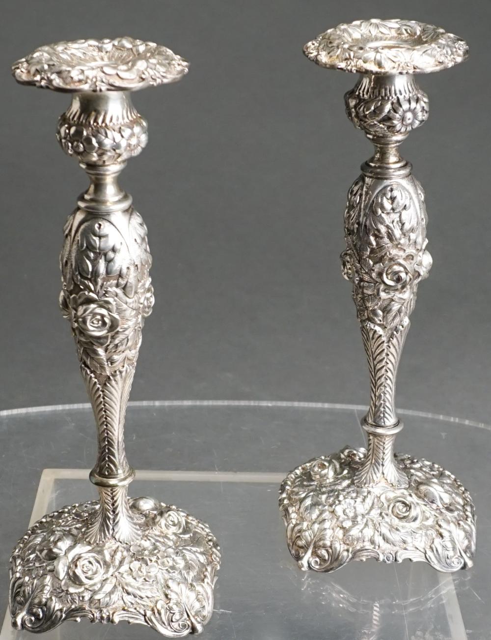 Appraisal: PAIR STIEFF 'ROSE' WEIGHTED STERLING SILVER CANDLESTICKS CIRCA H IN