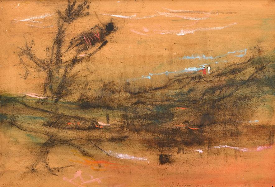 Appraisal: ROBERT JUNIPER - Landscape oil and charcoal on card laid