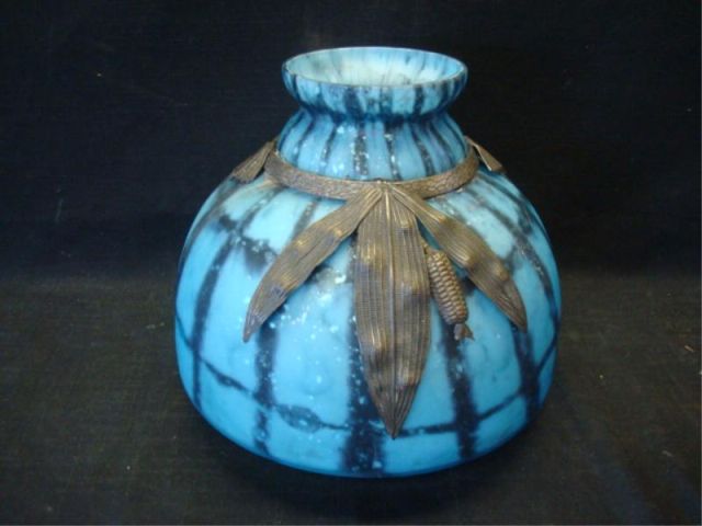 Appraisal: Blue Black Art Glass Vase with Gilt Metal Trim Dimensions