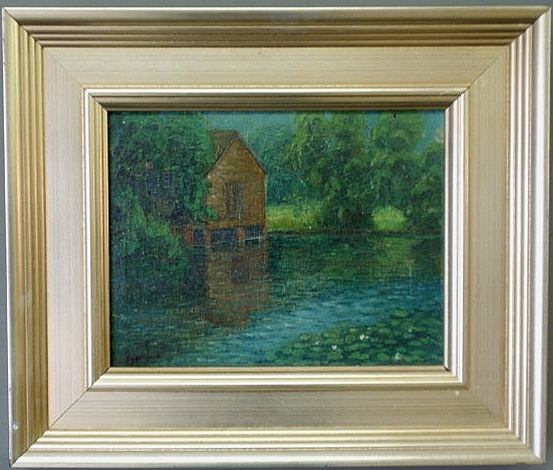 Appraisal: Oil on artist board impressionist landscape painting with a river