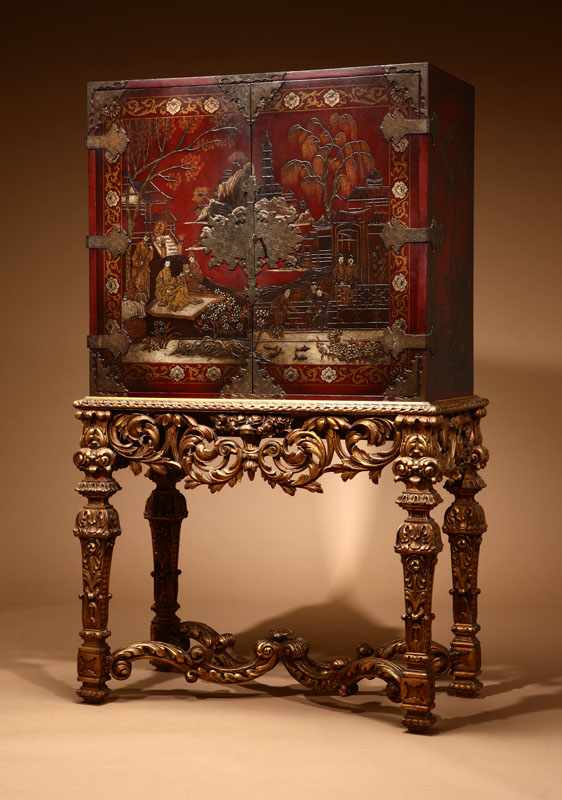 Appraisal: A William and Mary style polychrome-painted cabinet on giltwood stand