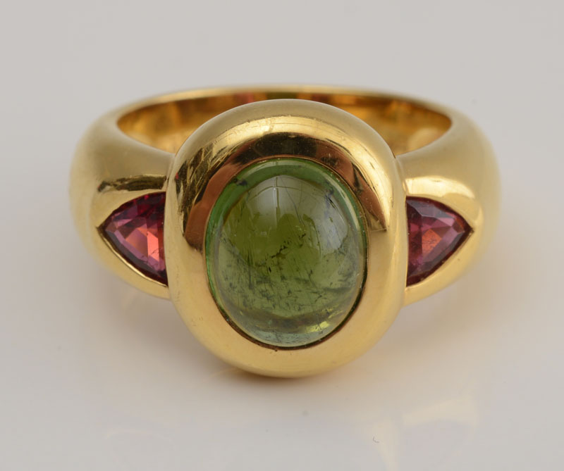 Appraisal: K YELLOW GOLD GREEN AND PINK TOURMALINE RING Stamped '