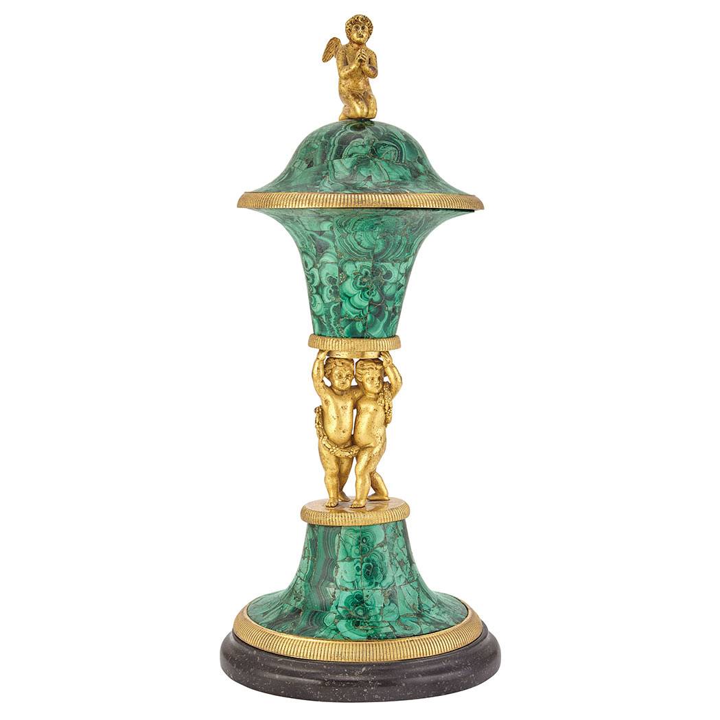 Appraisal: Louis XVI Style Gilt-Bronze Malachite and Black Marble Garniture Urn