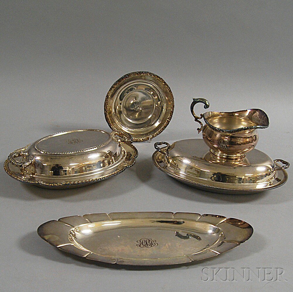 Appraisal: Five Pieces of Silver-plated Tableware two covered and monogrammed dishes