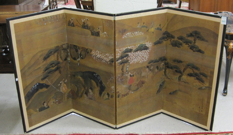 Appraisal: JAPANESE FOUR-PANEL WALL SCREEN a landscape painting with warriors on