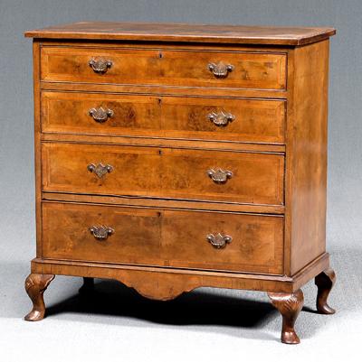 Appraisal: Queen Anne style chest of drawers burlwood with bookmatched burlwood