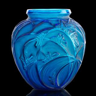 Appraisal: LALIQUE Sauterelles vase electric blue glass LALIQUE Sauterelles vase France