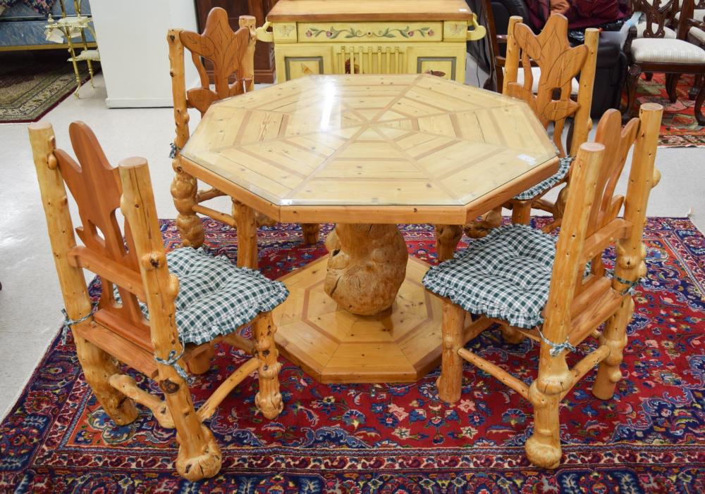 Appraisal: OCTAGONAL PINE PEDESTAL DINING TABLE AND FOUR BURL CHAIRS Table