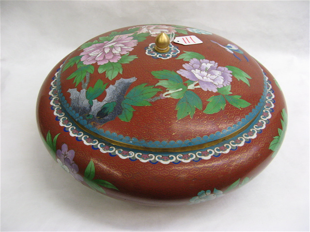 Appraisal: ROUND CHINESE CLOISONNE COVERED BOWL having colorful flowers and butterflies