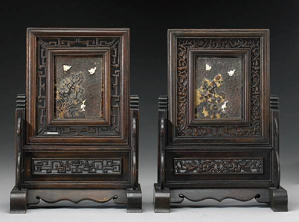 Appraisal: A pair of tortoise shell-inlaid wood table screens Each thinly