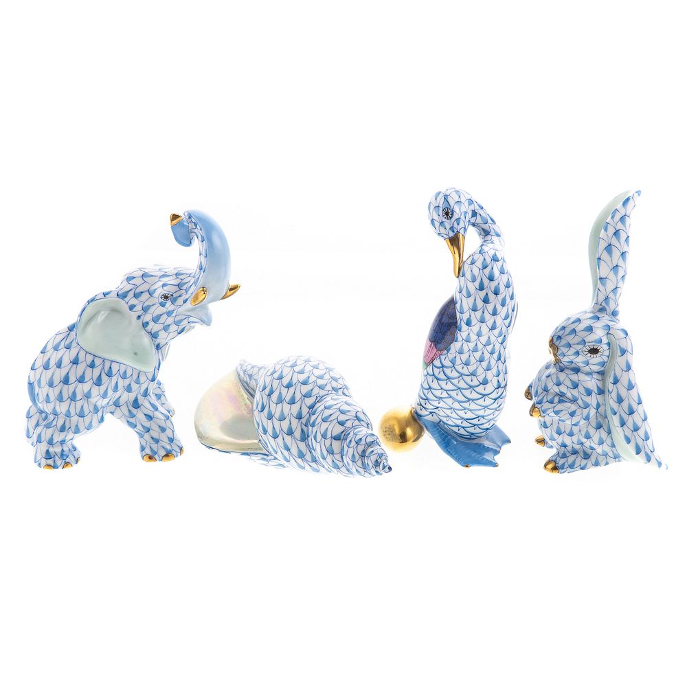 Appraisal: Four Herend Blue Fishnet Animals With gilt accents includes goose