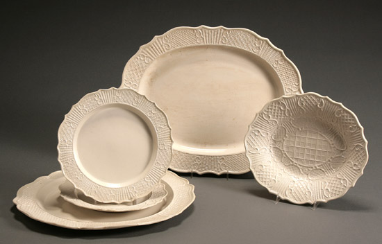 Appraisal: Group of Five Staffordshire White Salt-Glazed Plates and Platters th-