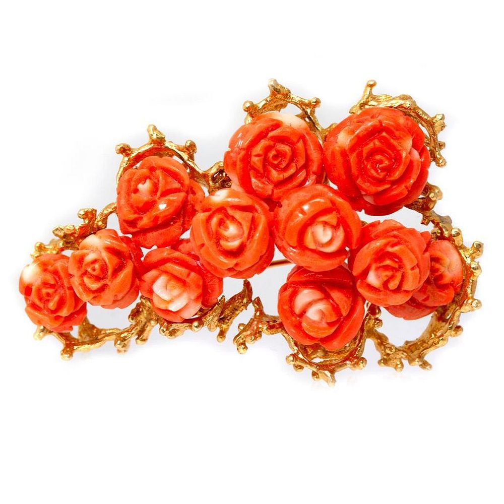 Appraisal: Carved coral rose k gold brooch gross weight approximately grams