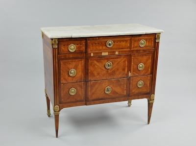 Appraisal: A Three-Drawer Commode with Shaped White Marble Top In the