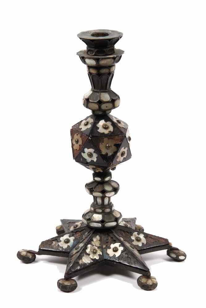 Appraisal: EARLY CANDLESTICK- in wood bronze horn and mother of pearl