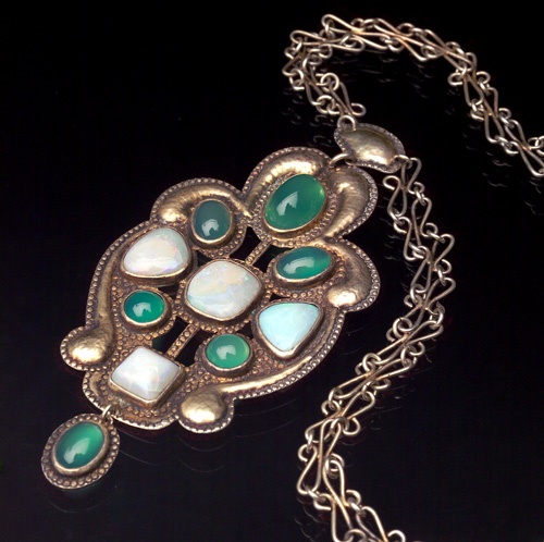 Appraisal: ARTS AND CRAFTS Necklace in silver with opals and chrysoprase