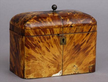 Appraisal: REGENCY PEWTER-INLAID TORTOISESHELL TEA CADDY The slightly dome hinged top