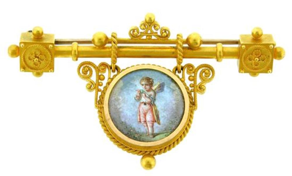 Appraisal: JEWELRY K Gold Antique Painted Miniature Brooch Antique bar pin