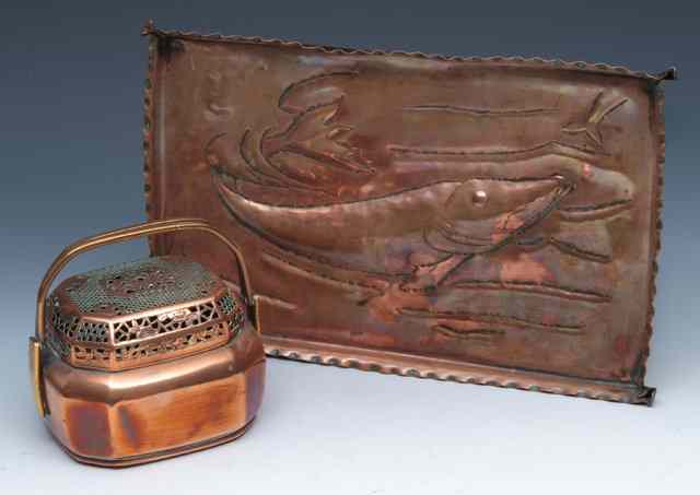 Appraisal: A NEWLYN SCHOOL TYPE RECTANGULAR COPPER TRAY decorated with a