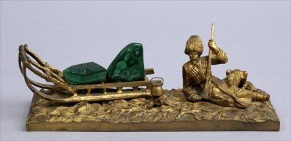 Appraisal: RUSSIAN GILT BRONZE FIGURE GROUP WITH MALACHITE MOUNTS Modeled as