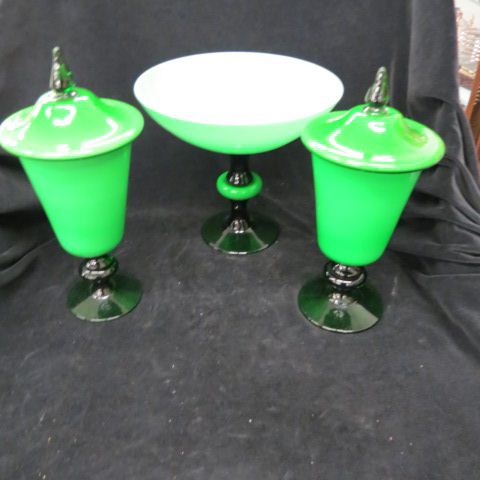 Appraisal: pcs Green Cased Glass pair of jars and a compote