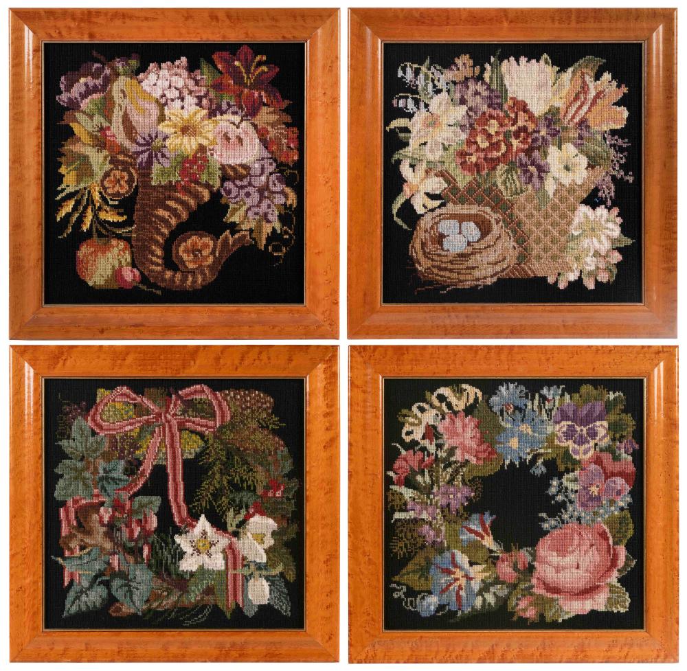 Appraisal: FOUR FLORAL NEEDLEWORKS EARLY TH CENTURY X FRAMED X FOUR