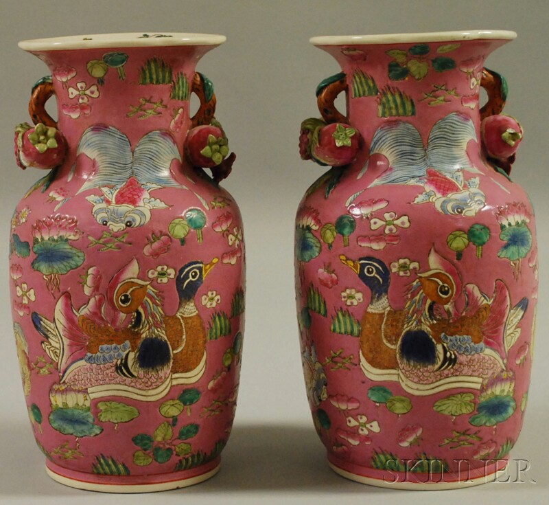 Appraisal: Pair of Chinese Enameled Porcelain Vases some detail nicks ht