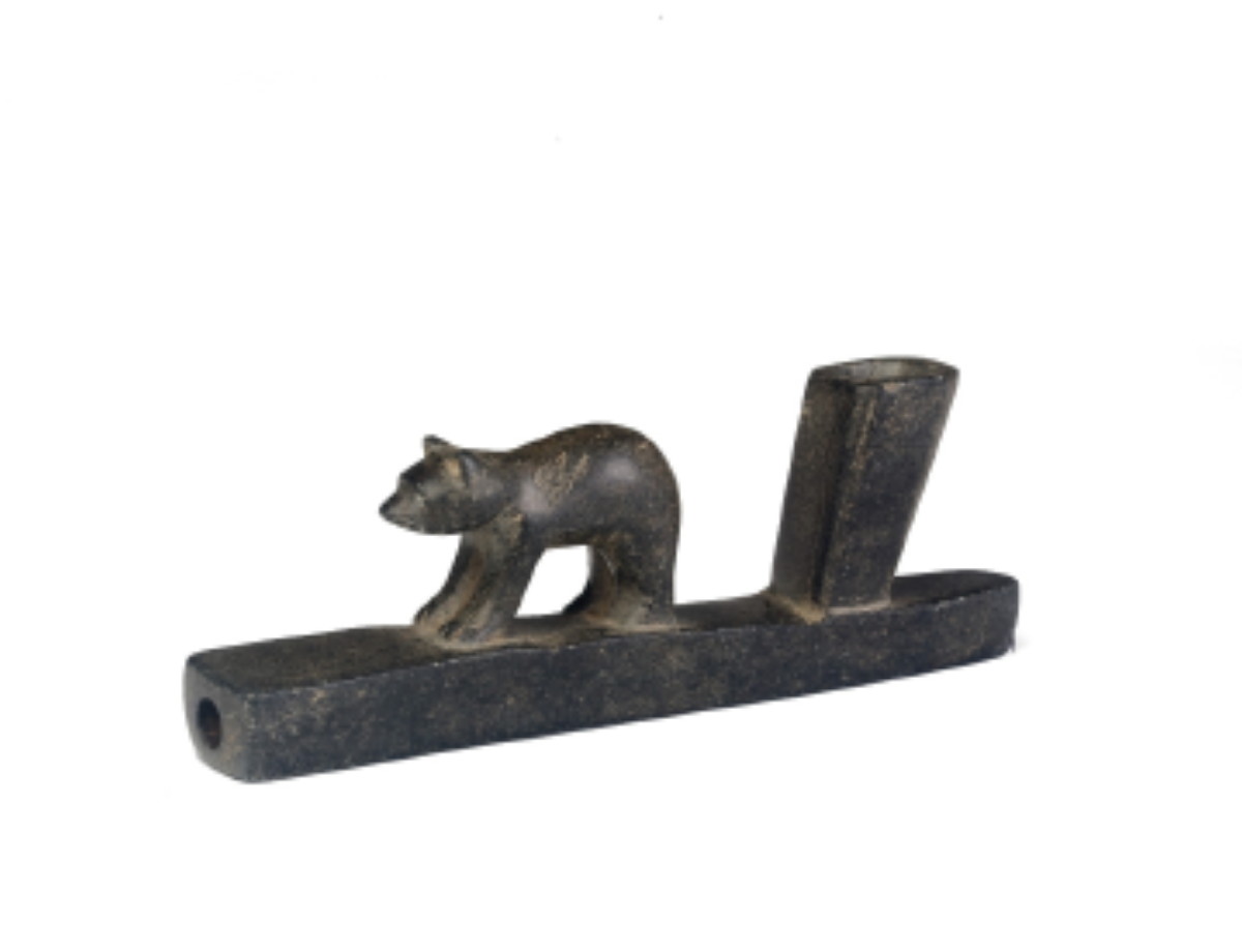 Appraisal: INDIAN CARVED STONE PIPE WITH A BEAR Attached label reads