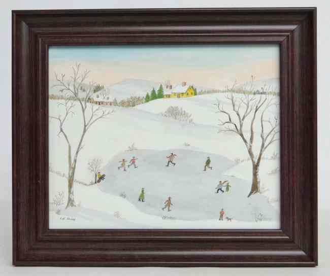 Appraisal: Watercolor ''Fun In the Neighborhood'' by Conn folk artist Evelyn