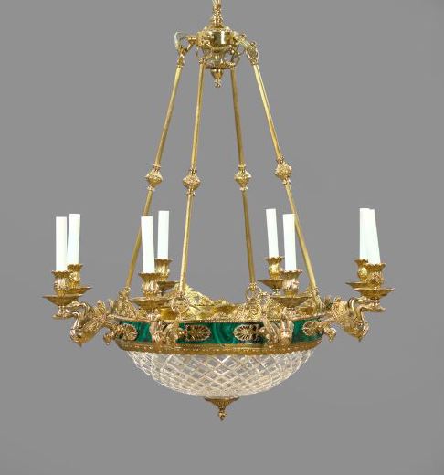 Appraisal: Dramatic French Gilt-Brass Faux-Malachite and Cut Glass Eight-Light Chandelier in