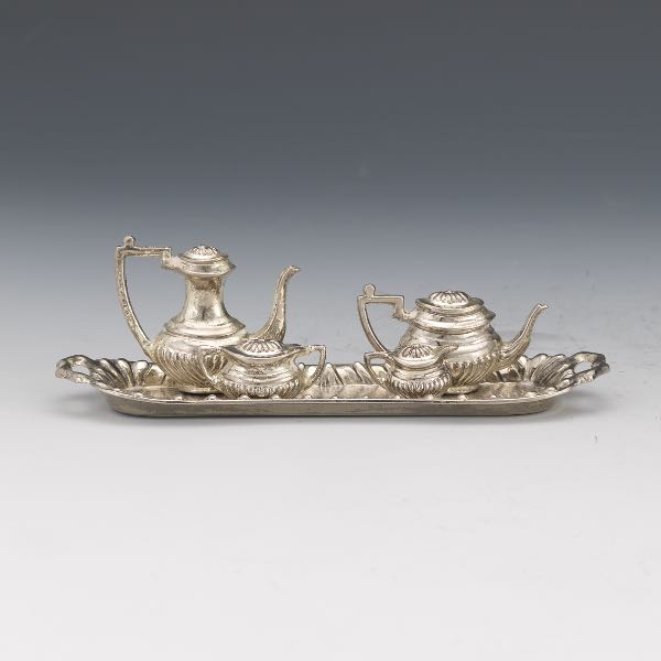 Appraisal: ENGLISH SILVER PLATED DOLL HOUSE FOUR-PIECE TEA COFFEE SERVICE WITH