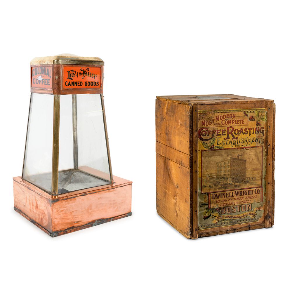 Appraisal: A Dwinell-Wright Co Coffee Advertising Box along with a Copper