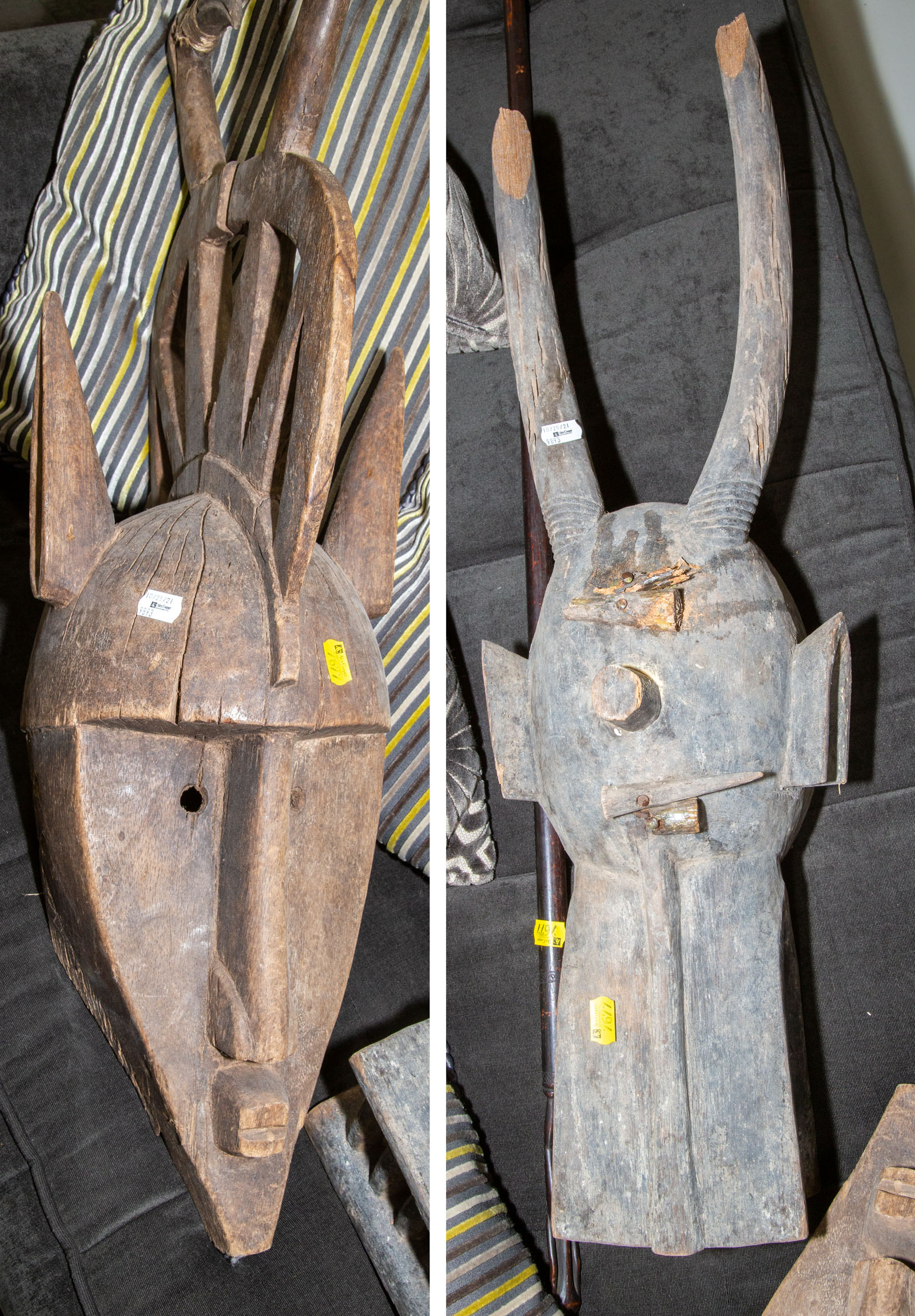 Appraisal: THREE AFRICAN WOOD CARVINGS Comprising a Bambara crested mask Senufo