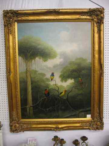 Appraisal: Angellis Oil exotic birds in the forest image area ''