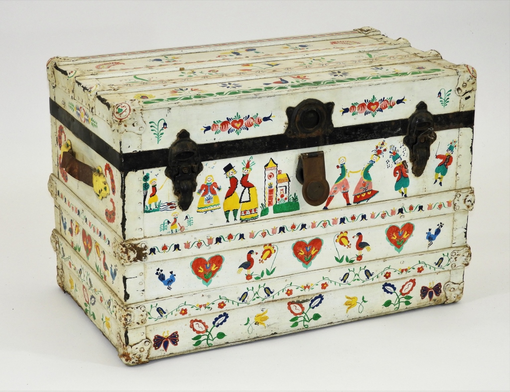 Appraisal: ATTRIB PETER HUNT PAINT DECORATED FOLK ART TRUNK Massachusetts -